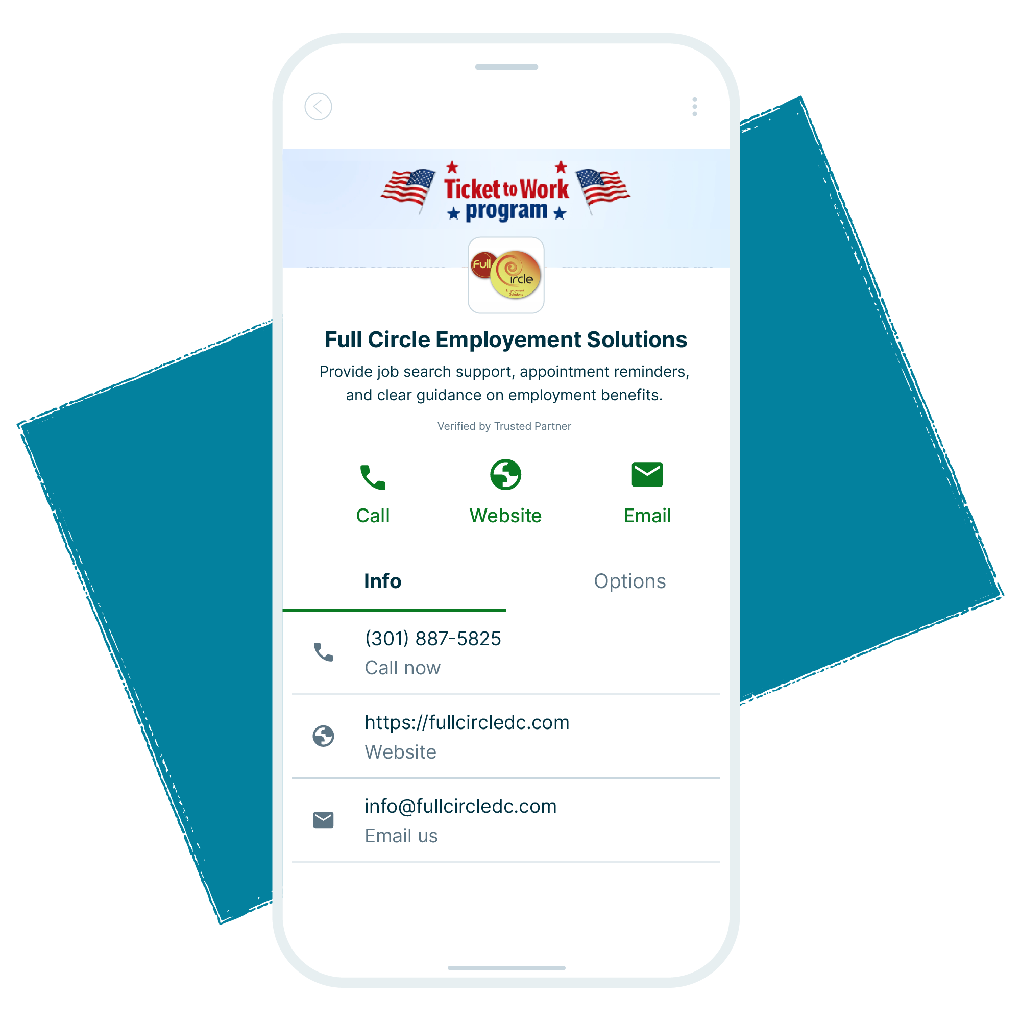 A smartphone screen displaying an RCS business messaging profile for an employment network, showing a verified sender identity with the organization's logo, contact options, and program description — demonstrating how employment networks can send recognizable, trusted messages that recipients can distinguish from spam.