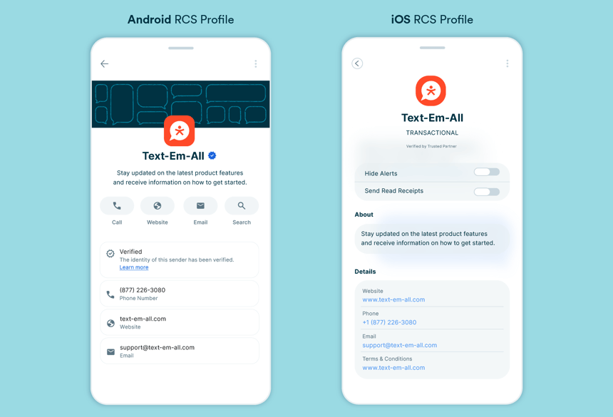 Two smartphone screens displaying an RCS business messaging profile for Text-Em-All, comparing Android and iOS. Both show the logo, a verified sender indicator, a short description, and contact details, with Android adding quick-action buttons for calling, visiting the website, emailing, and searching, and iOS adding notification and read receipt toggles.
