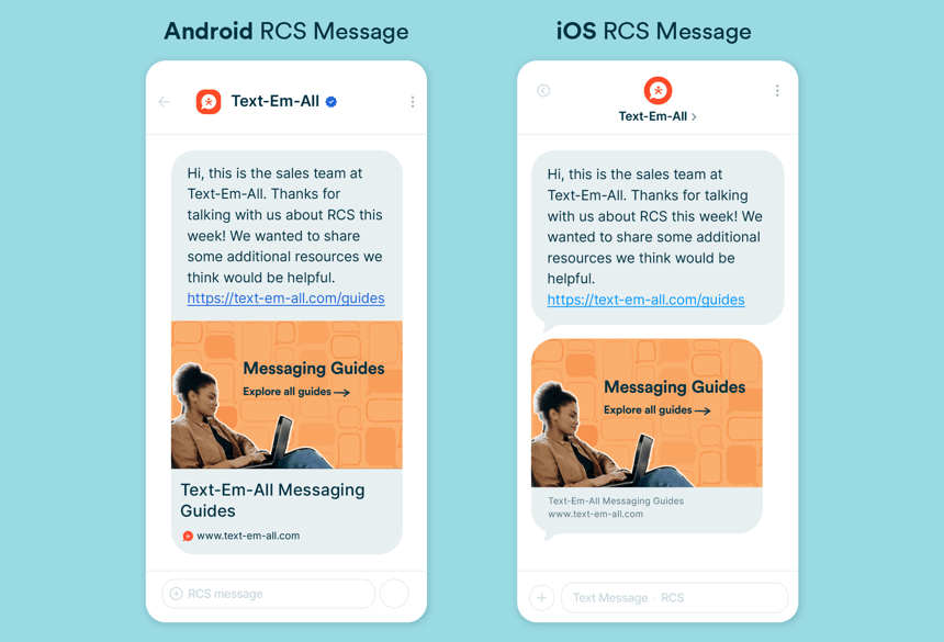 Two smartphone screens comparing how an RCS message from Text-Em-All appears on Android and iOS, each showing a text with a link and a rich link preview with an image and page title. The Android screen displays a verified checkmark next to the sender name, and the preview appears as a larger card with the page title and website below the image.