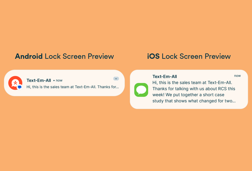 Side-by-side comparison of how an RCS message notification from Text-Em-All appears on an Android and an iOS lock screen. Android shows the sender's logo and a single truncated line of the message, while iOS shows the generic Messages app icon and a longer, multi-line message preview.