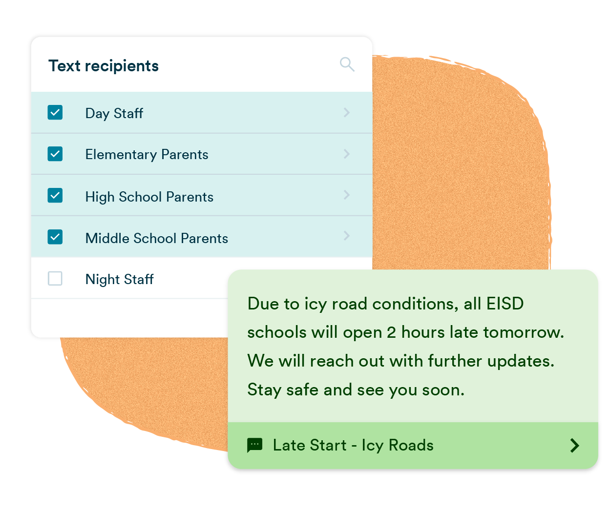 A mass texting platform showing a recipient group selector with school staff and parents selected, alongside a school closing text message broadcast notifying families that schools will open 2 hours late due to icy road conditions.