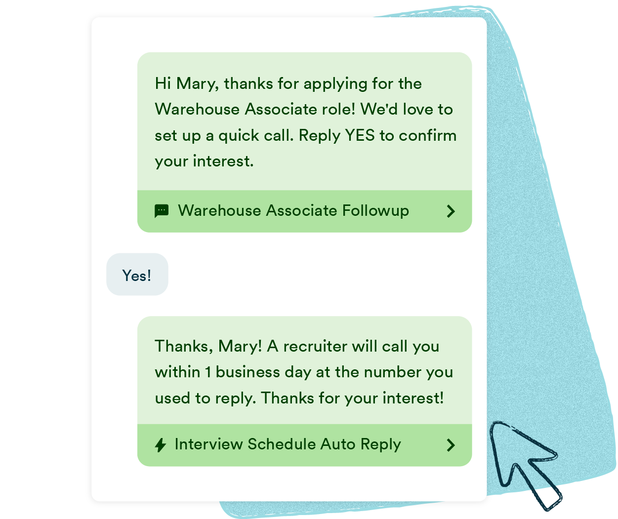 A mass texting platform two-way conversation showing a personalized hiring outreach message sent to a job applicant named Mary for a Warehouse Associate role, her reply of 
