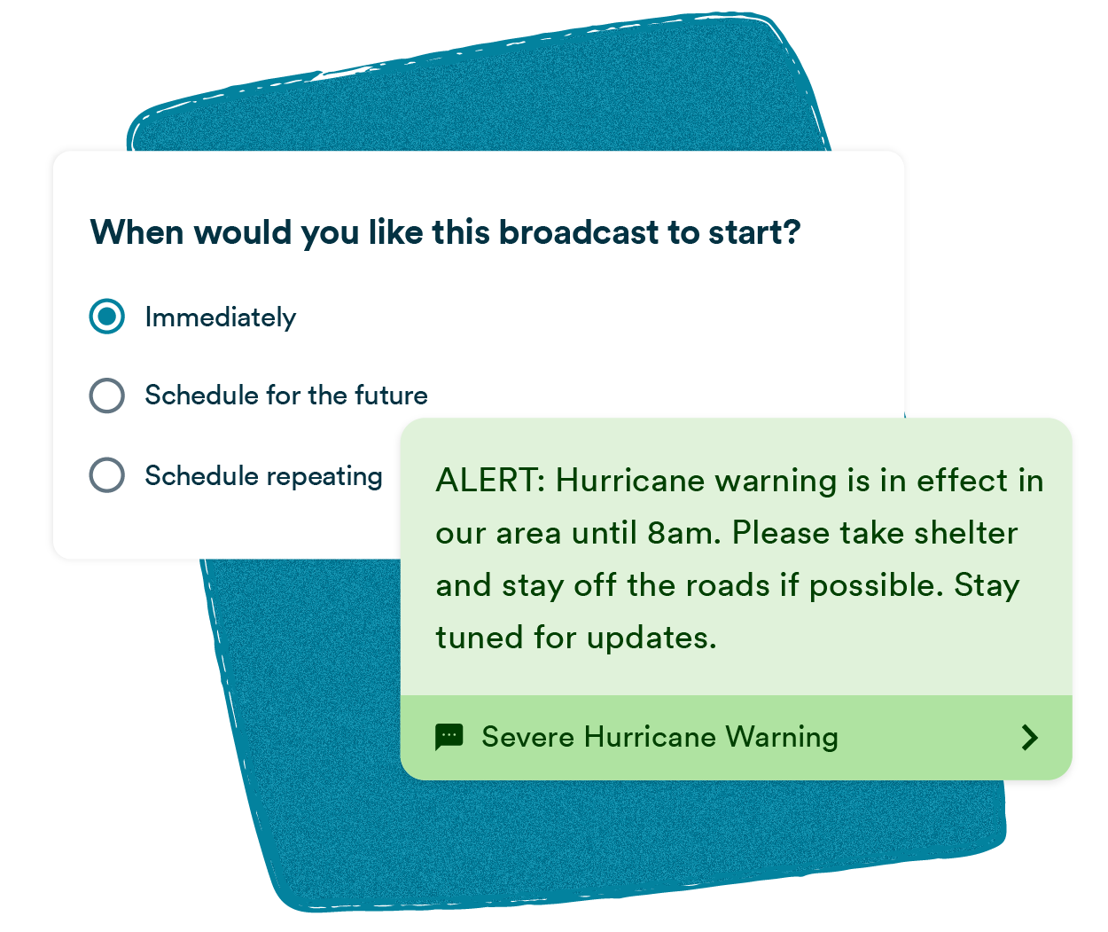 A mass texting platform broadcast scheduling interface with “Immediately” selected, alongside a Severe Hurricane Warning alert message notifying contacts that a hurricane warning is in effect until 8am, instructing them to take shelter, stay off the roads, and stand by for further updates.