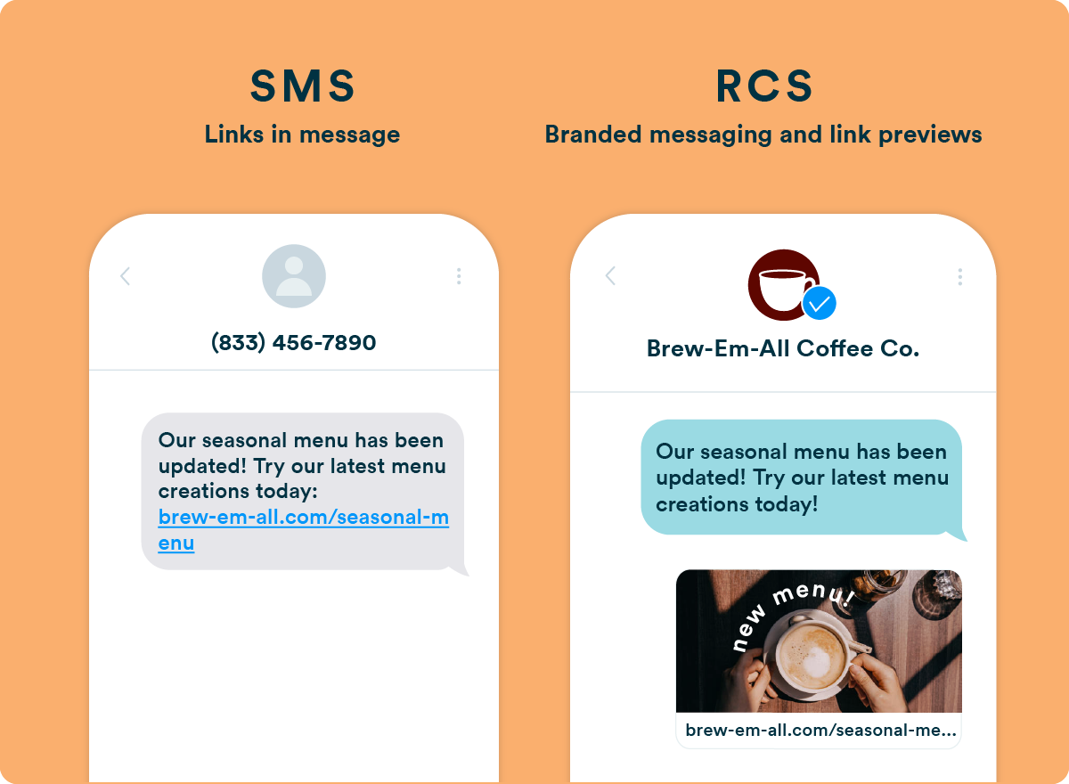 A side-by-side comparison of a promotional message sent via SMS versus RCS: the SMS version from an unidentified phone number includes a plain URL, while the RCS version from “Brew-Em-All Coffee Co.” displays a verified brand name and a visual link preview with an image thumbnail.